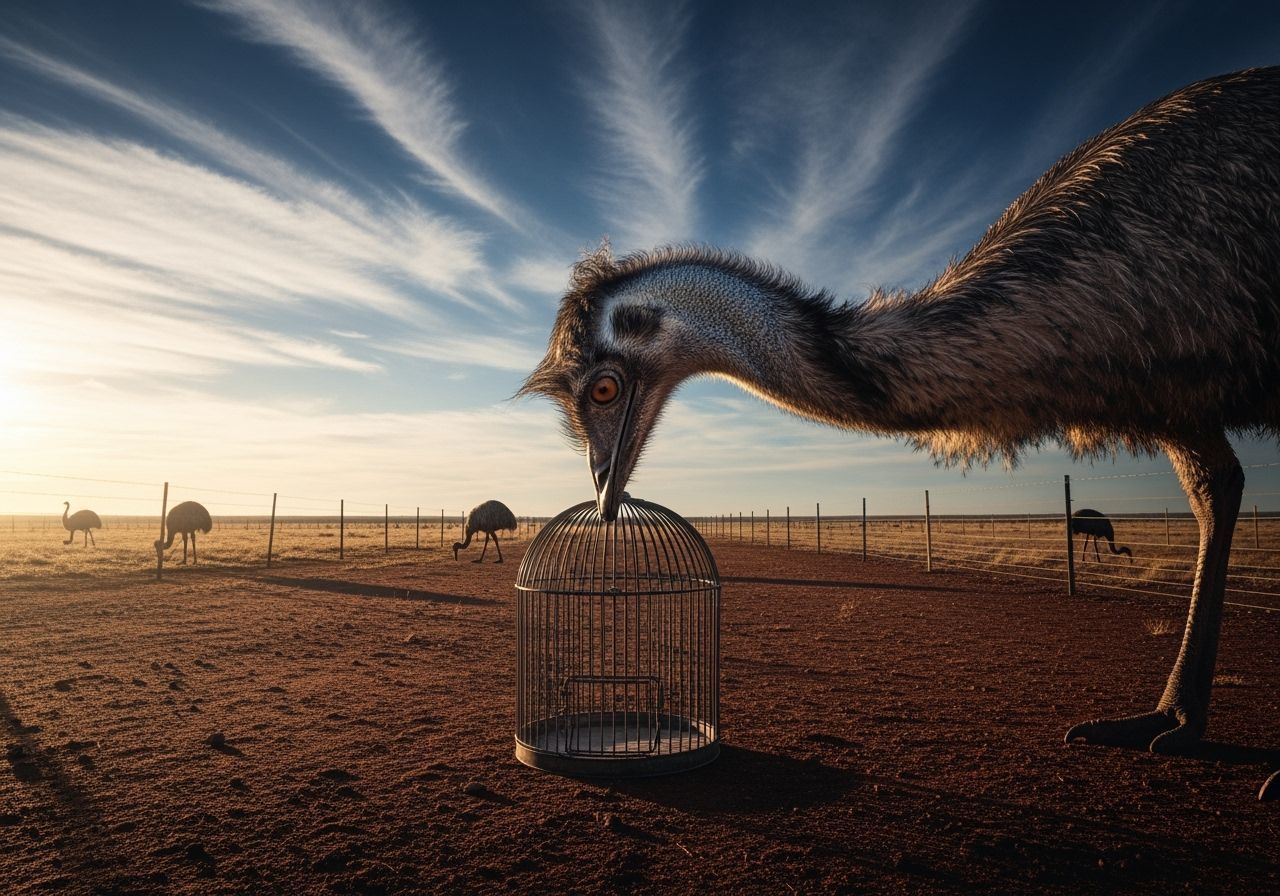Emu Head in Birdcage at Sunrise Outback