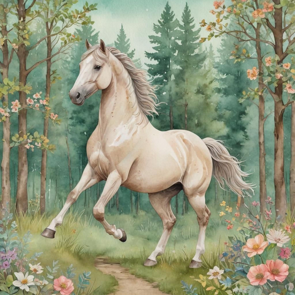 Whimsical Horse Galloping Through Woodland in Mixed Media