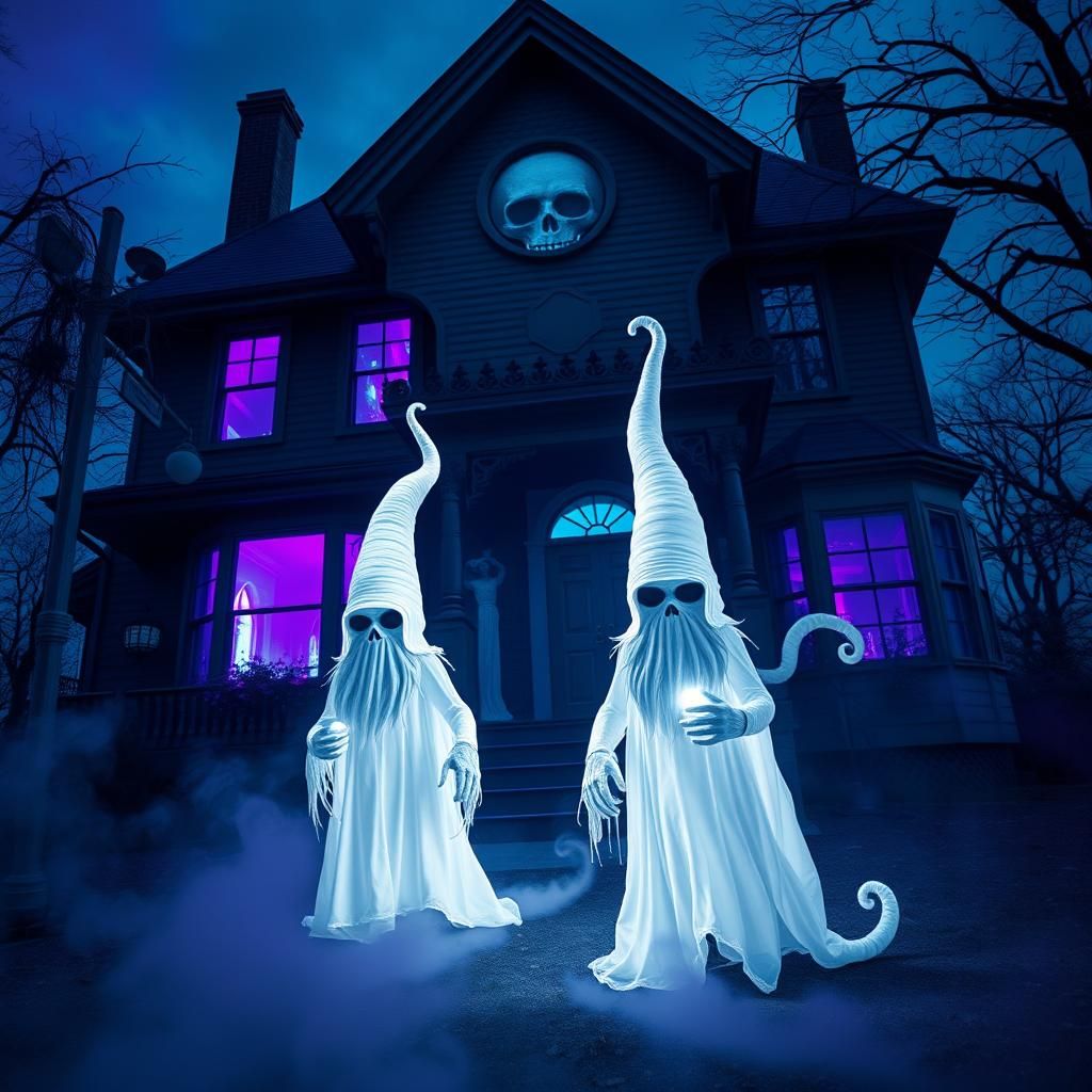 Surreal Haunted House with Glowing Gnome Ghosts