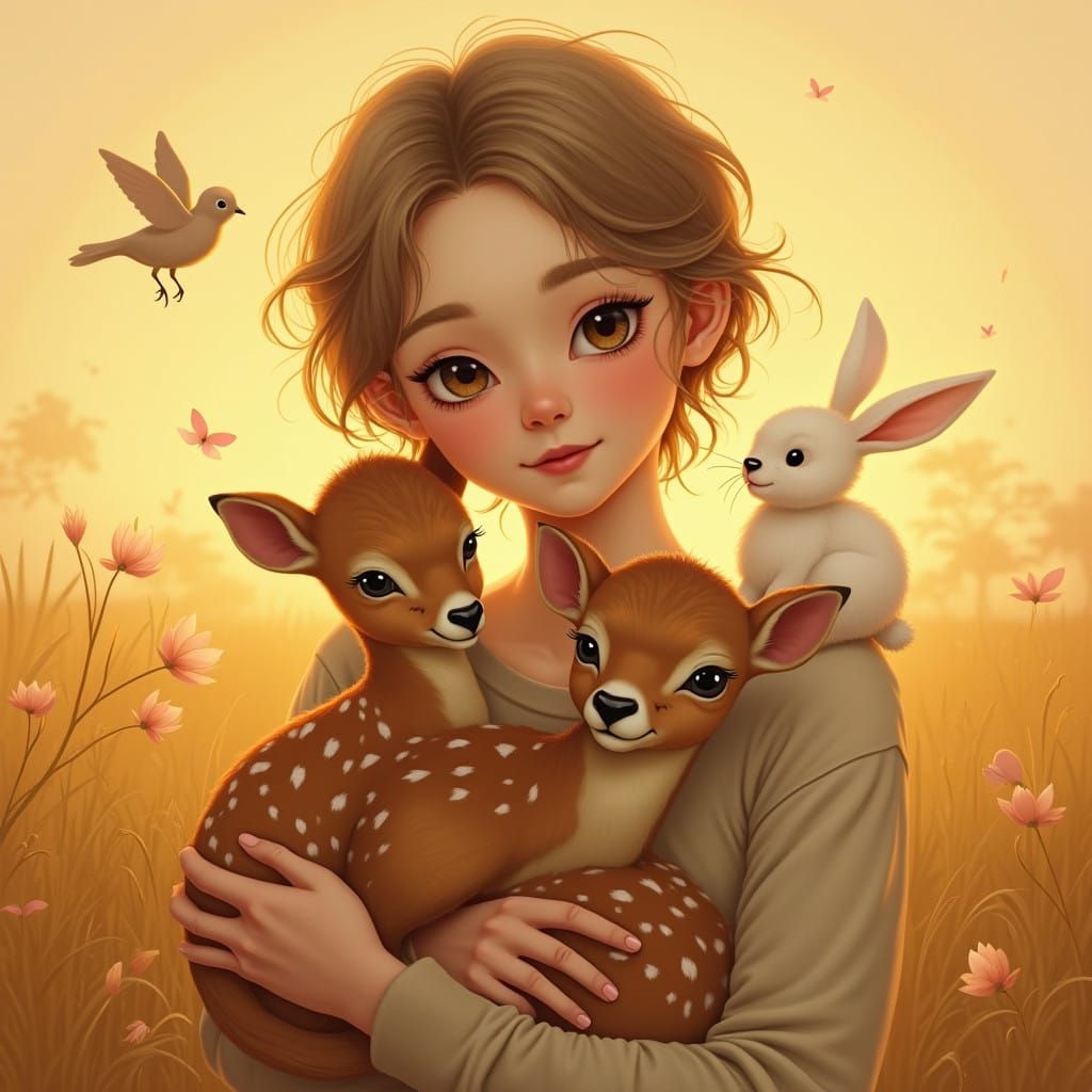 Serene Gentle Soul Surrounded by Innocent Creatures in Warm....