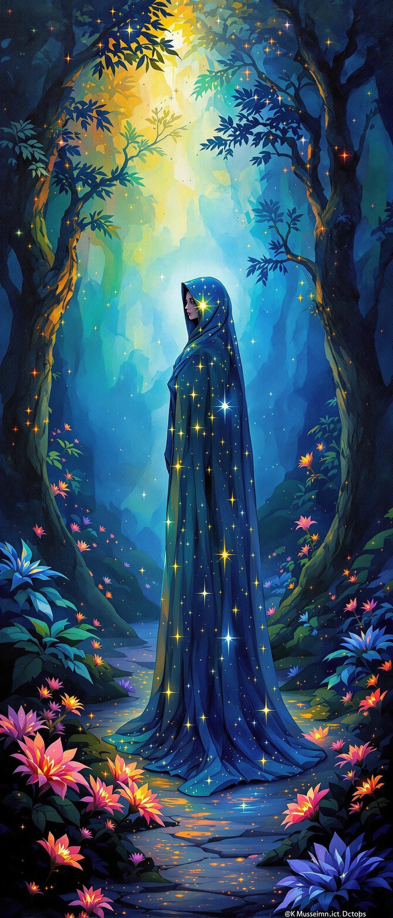 Ethereal Witch in Bioluminescent Forest as Impasto Painting