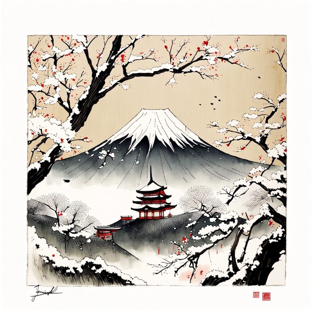 Mount Fuji through Cherry Blossoms in Traditional Japanese A...