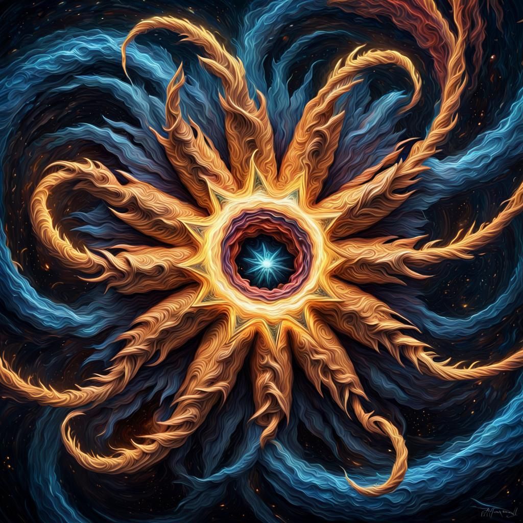 Electromagnetic Coils Encircling a Star as Impasto Painting