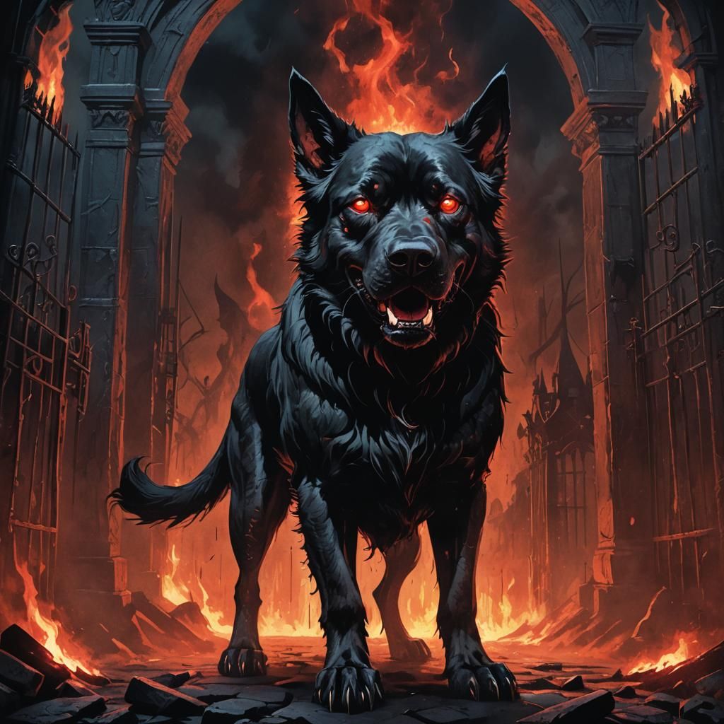 Gigantic Underworld Dog in Gothic Horror Illustration