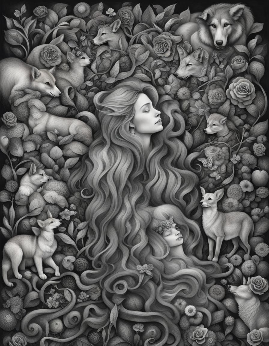 Whimsical Charcoal Drawing of Woman Surrounded by Animals