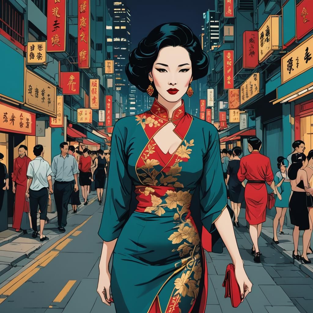 Hong Kong Woman in Qipao: Patrick Nagel Illustration