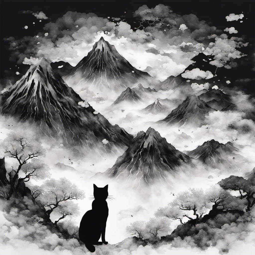 Monochrome Cat in Japanese Landscape Drawing