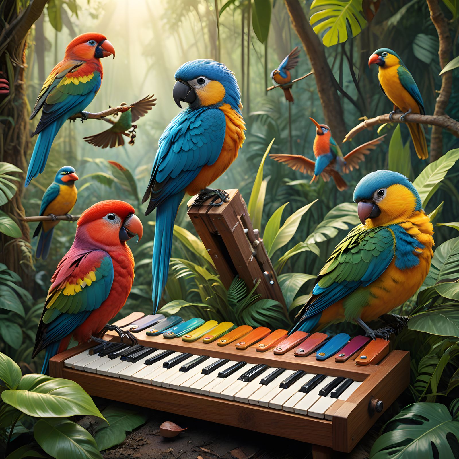 Vibrant Jungle Birds Play Xylophone in Whimsical Splash Art