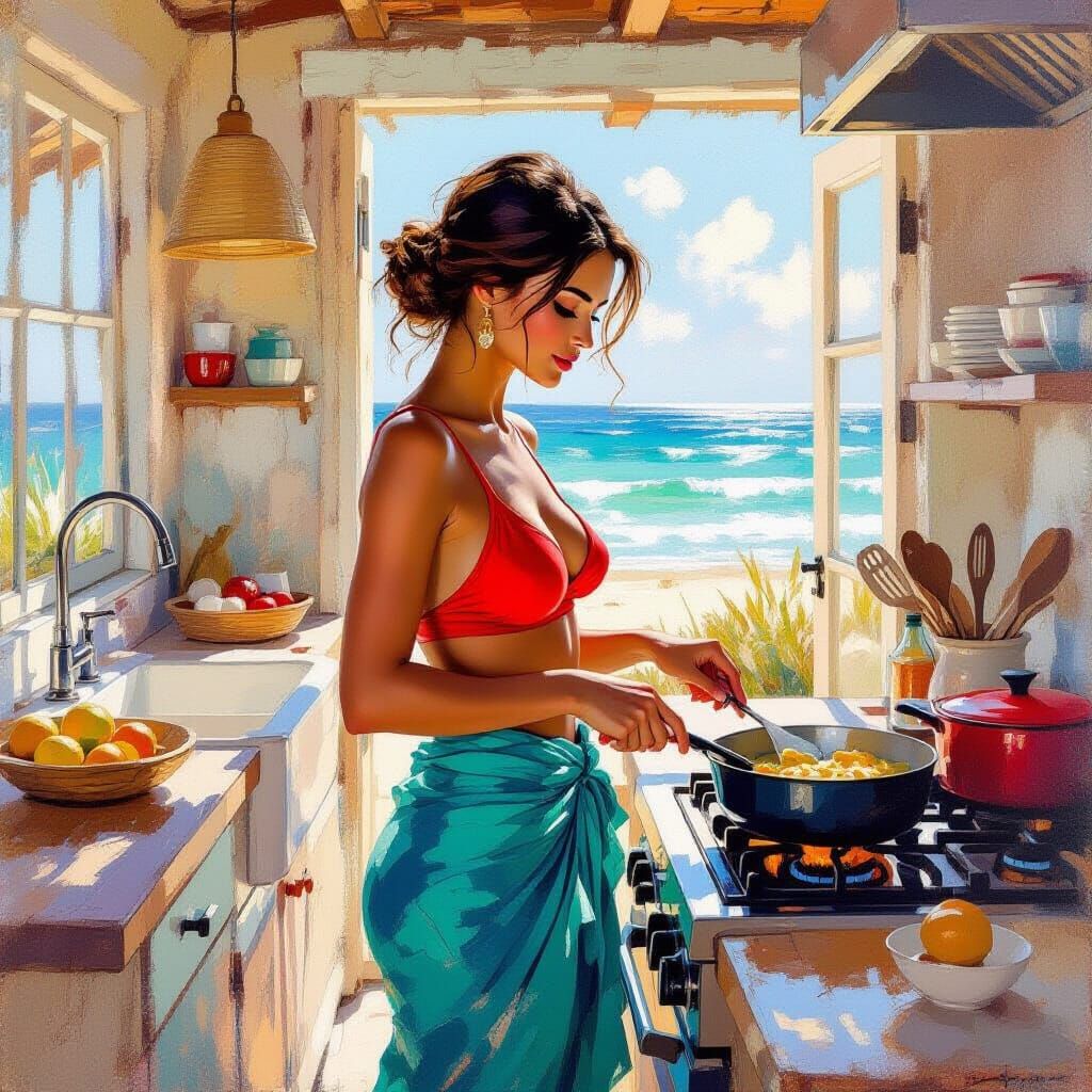 Woman Cooking in Sunlit Beach House Kitchen