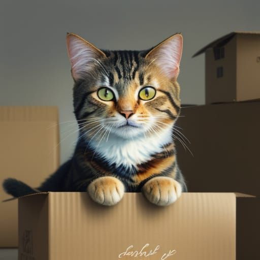 Whimsical Cat in a Box, Soft Focus Impressionist Watercolor