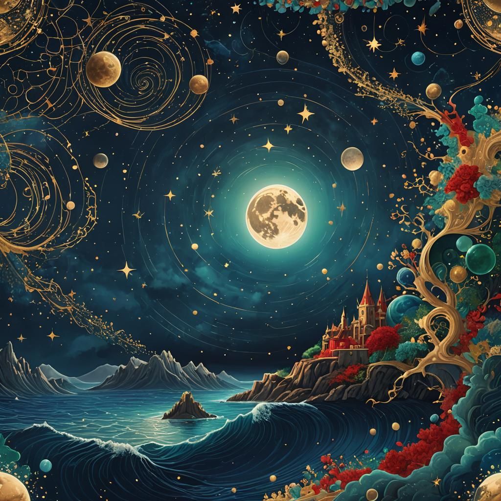 Surreal Moonlit Ocean with Aligned Planets