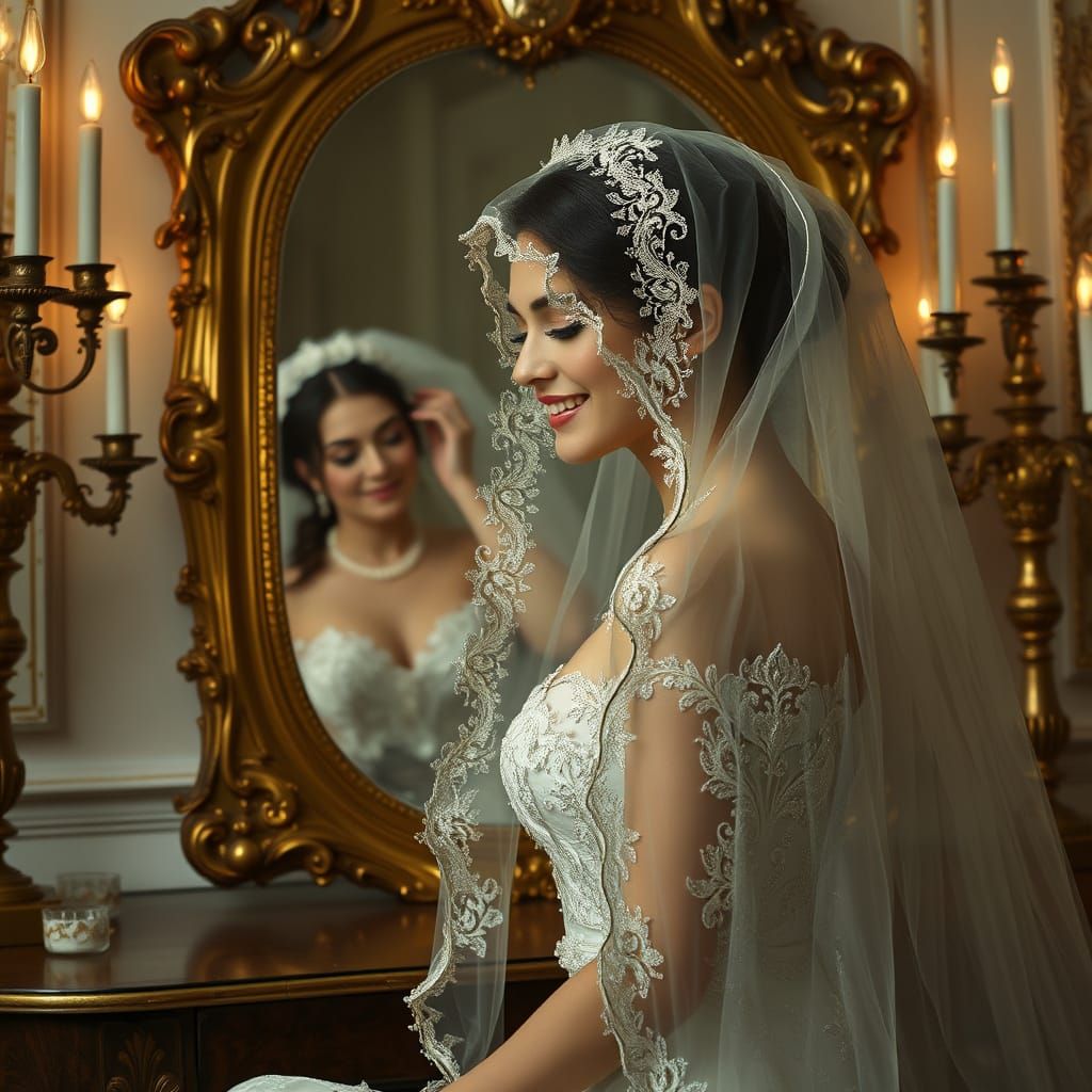 Serene Bride in Elegant Veil Before Gilded Mirror