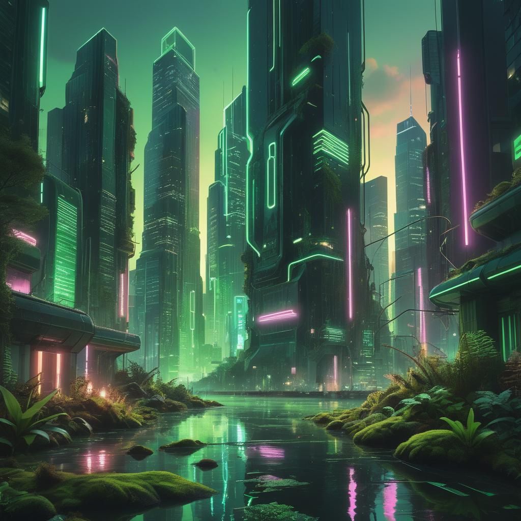Green Bioluminescent Cityscape with Neon Lights