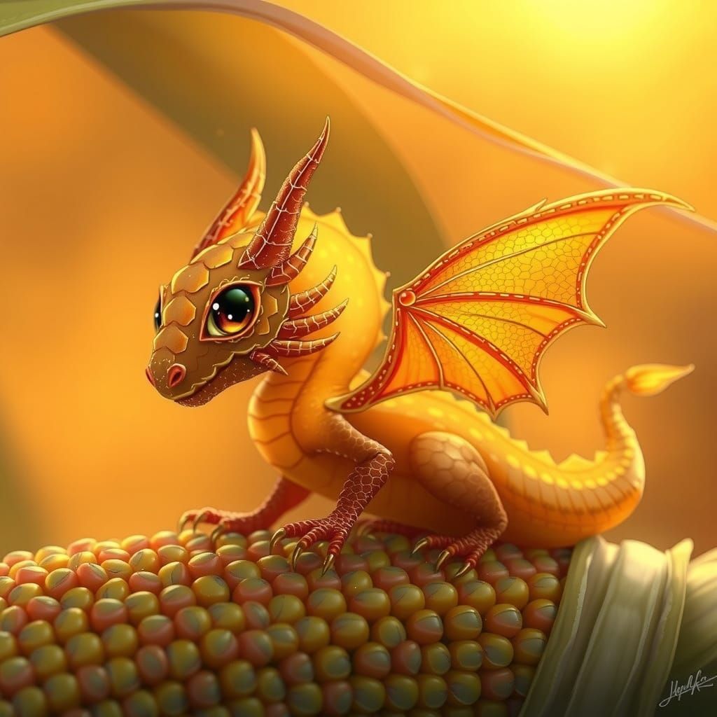 Whimsical Tiny Dragon in Stylized Corn Landscape