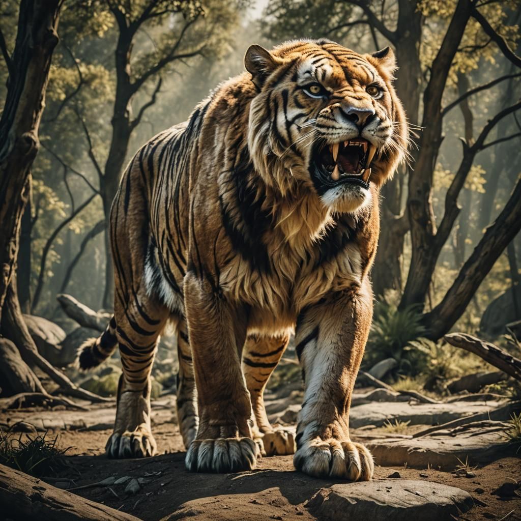Realistic Sabertooth Tiger in Prehistoric Landscape