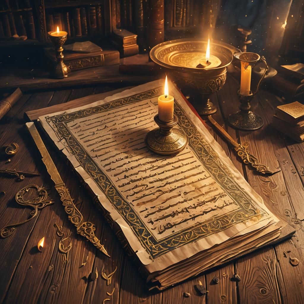 Mysterious Arabic Manuscript in Dimly Lit Library