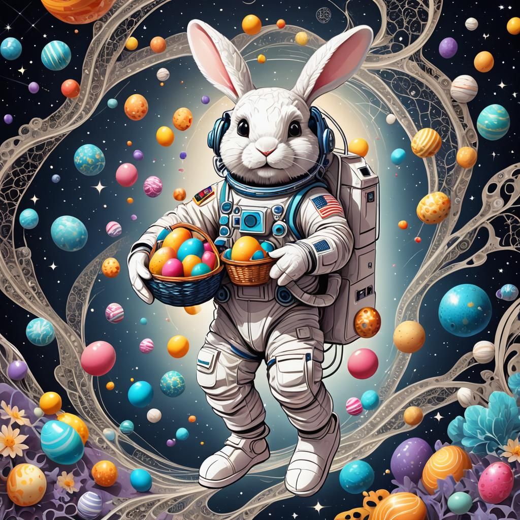 Bunny Astronaut in Space with Easter Basket