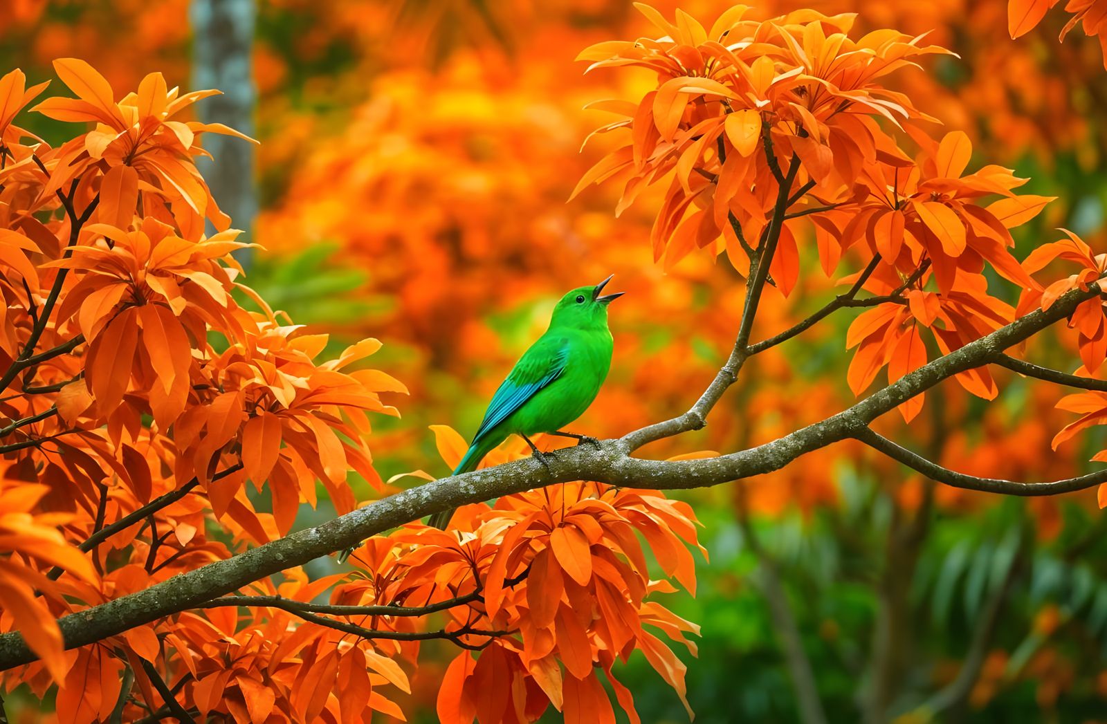 Neon Bird and Orange Tree in Jungle Photo