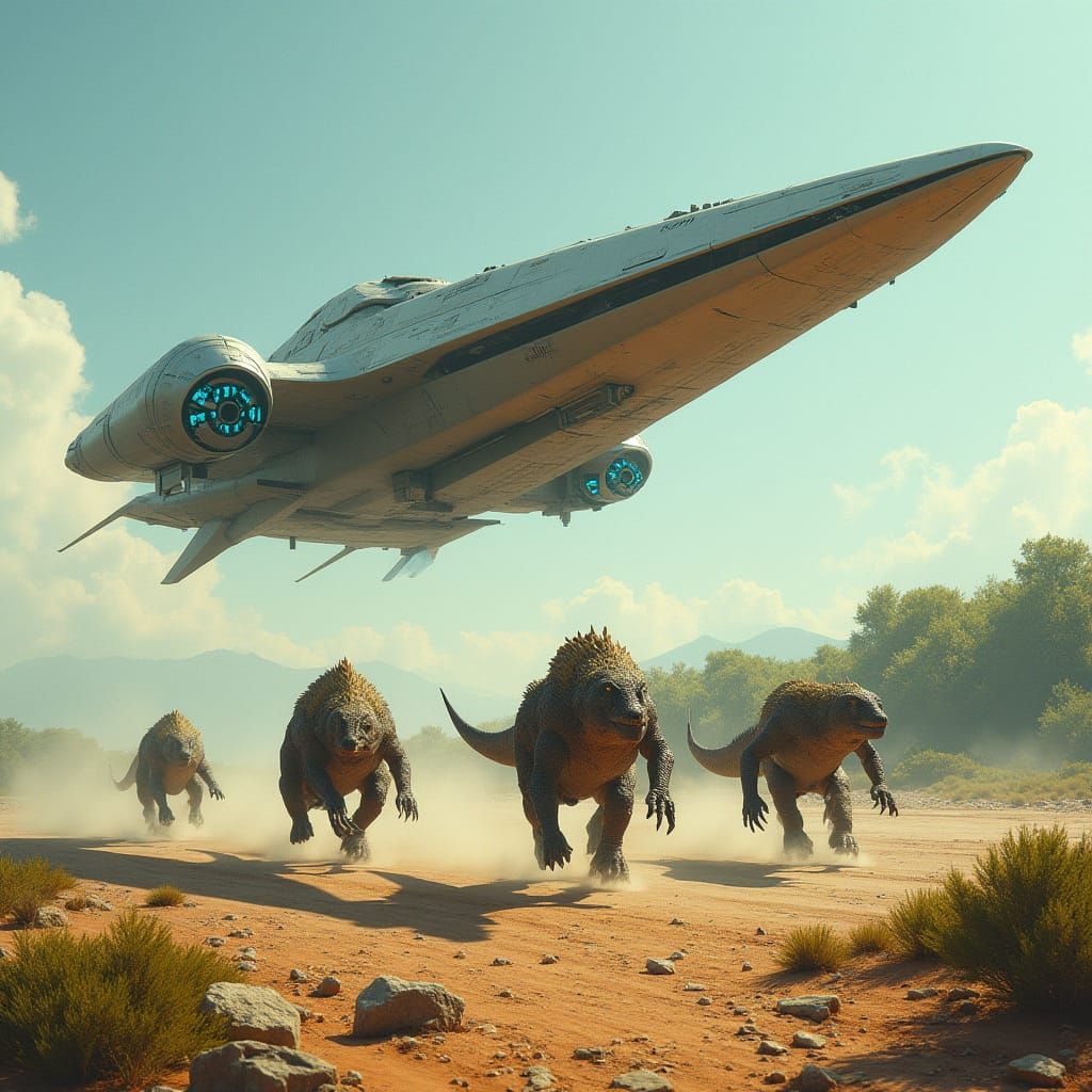 Cyberpunk Starship Lands on Prehistoric Plain with Fleeing I...