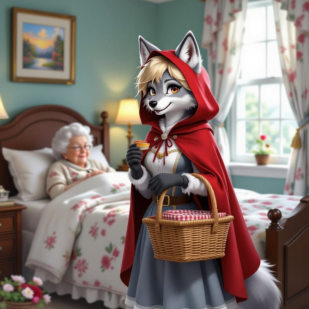 Furry Wolf Girl Visits Grandmother in Ethereal Bedroom