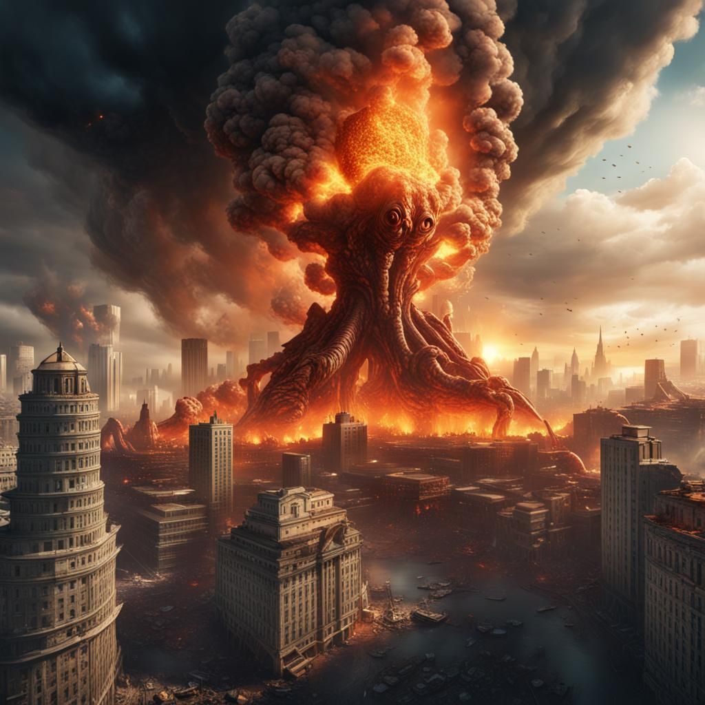 Burning City with Monster in Apocalyptic Landscape