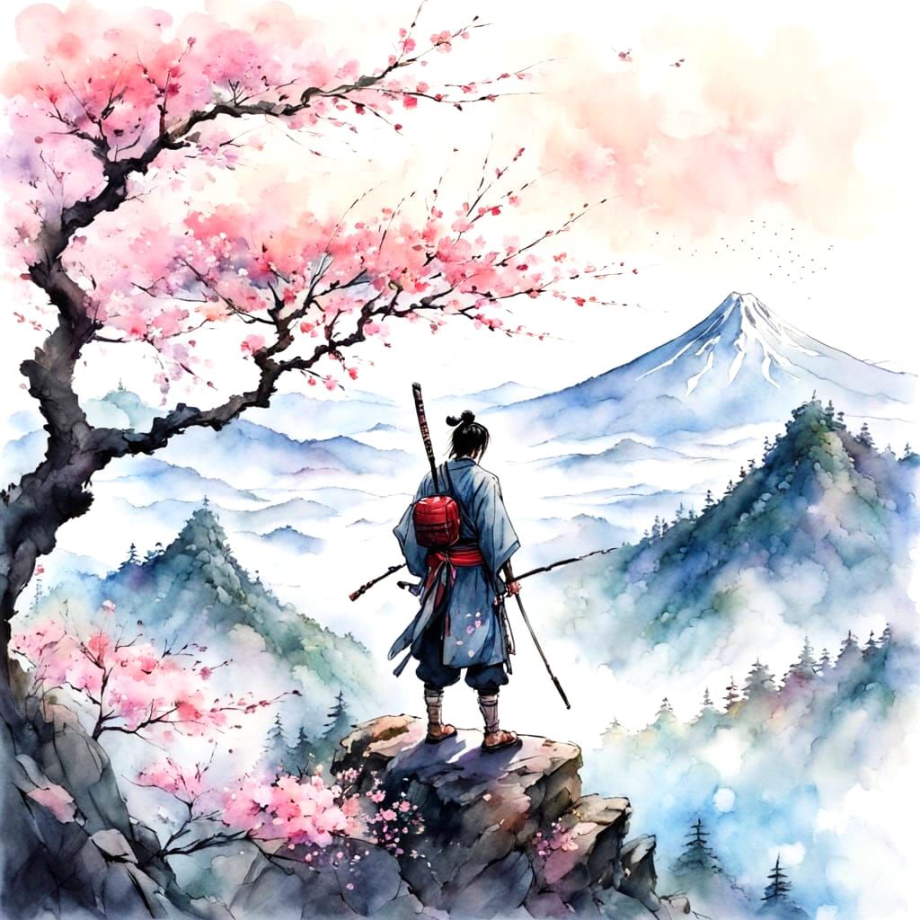 Samurai on Mist-Shrouded Peak in Japanese Watercolor Style