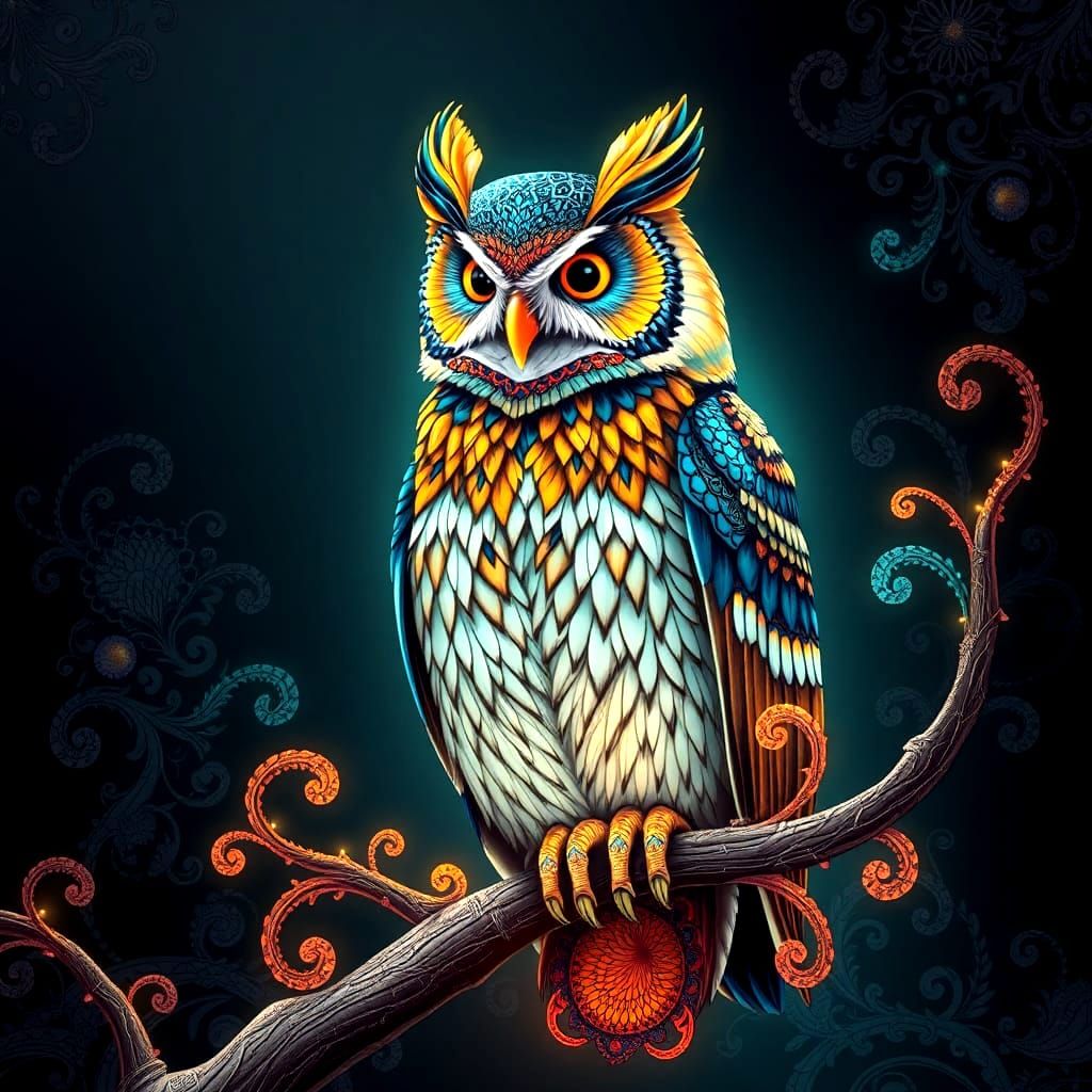 Majestic Owl in Vibrant, Ornamental Doodle Art Style