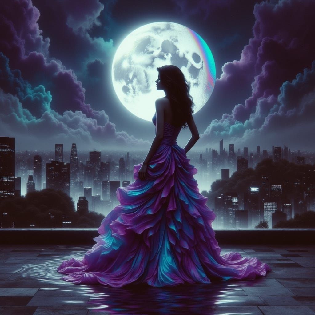 Glamorous Woman in Elegant Ball Gown Under Full Moonlight