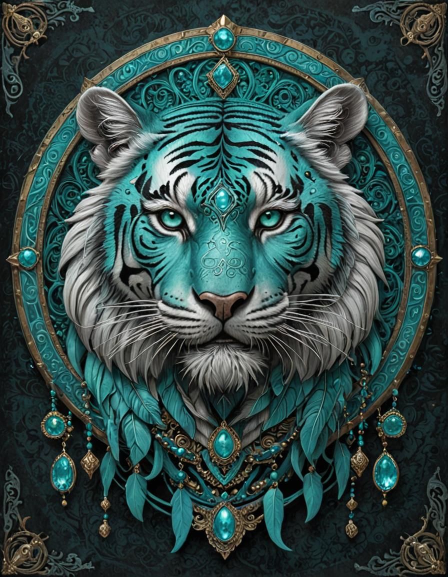 Ethereal Turquoise Celestial Tiger in Dark Fantasy Style
