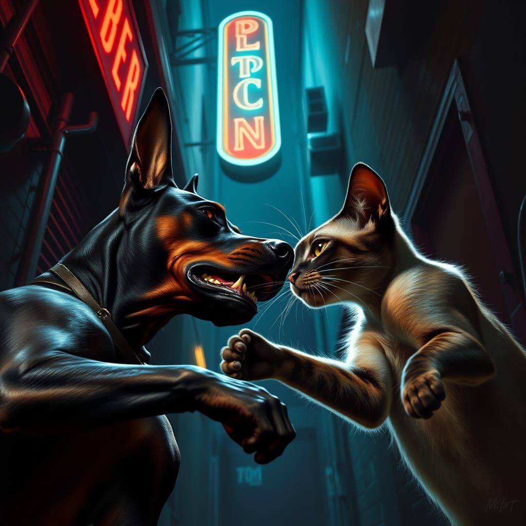 Doberman vs Siamese Cat in Neon Alley