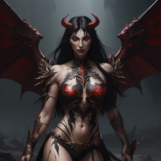 Demoness Portrait with Glowing Red Eyes in Dynamic Lighting