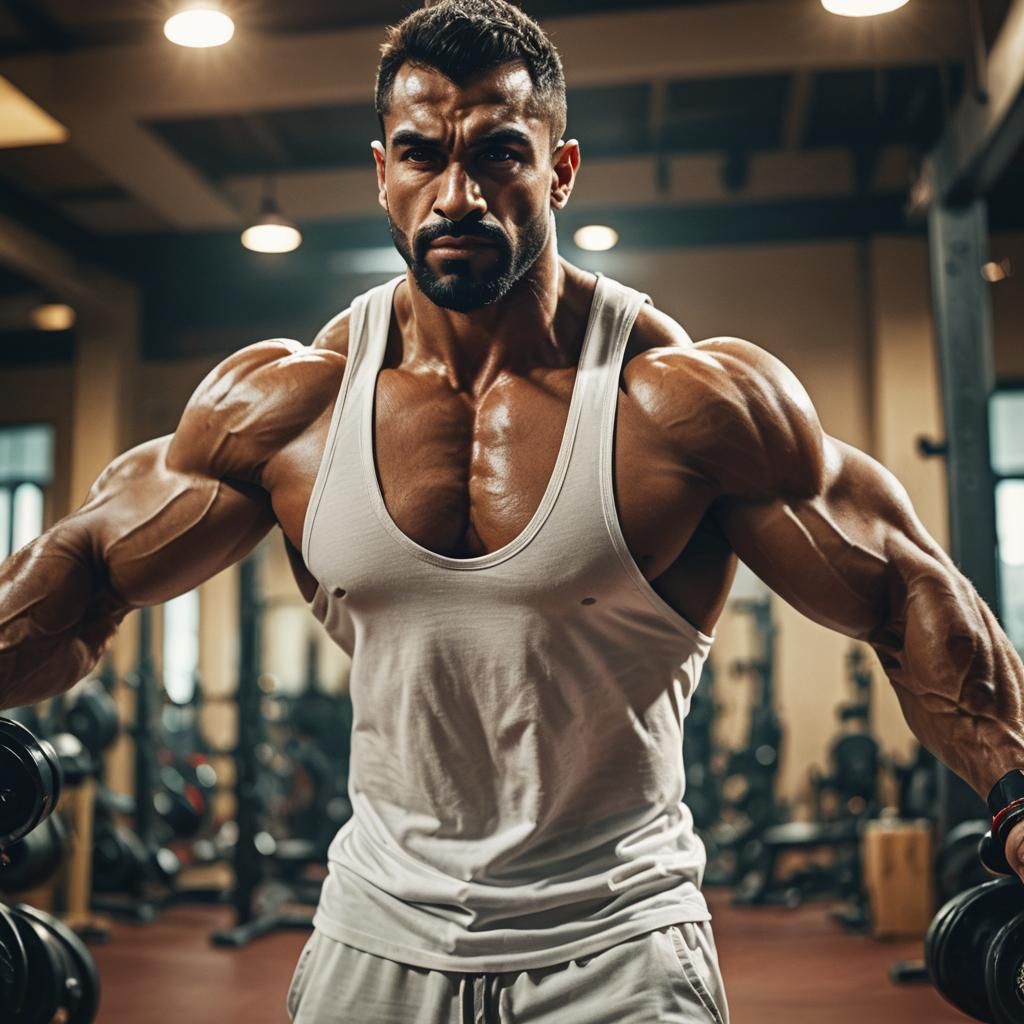 Alpha Arab Bodybuilder Flexing in Gym: Cinematic Style