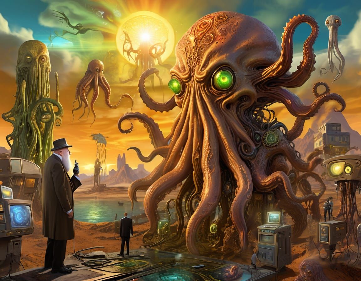 Surreal Cyberpunk Scene of Cthulhu Hybrid with Organic and H...