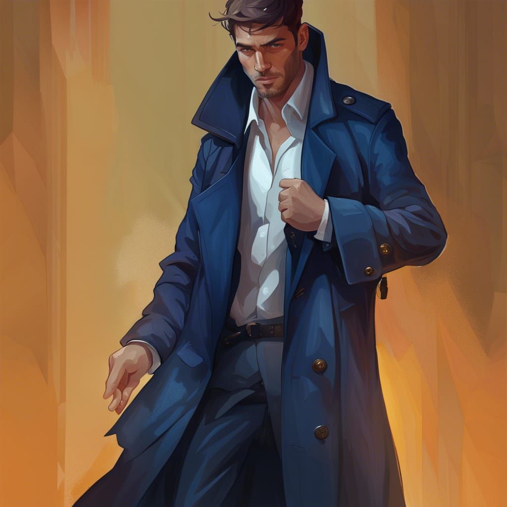 Man in Blue Trench Coat, Art Nouveau Portrait