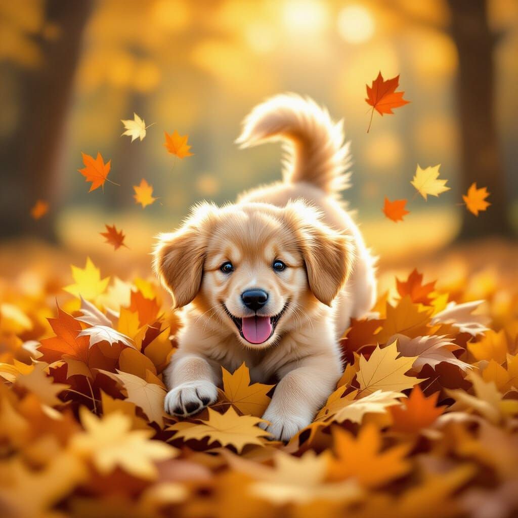 Golden Retriever Puppy Joyfully Dives Into Autumn Leaves