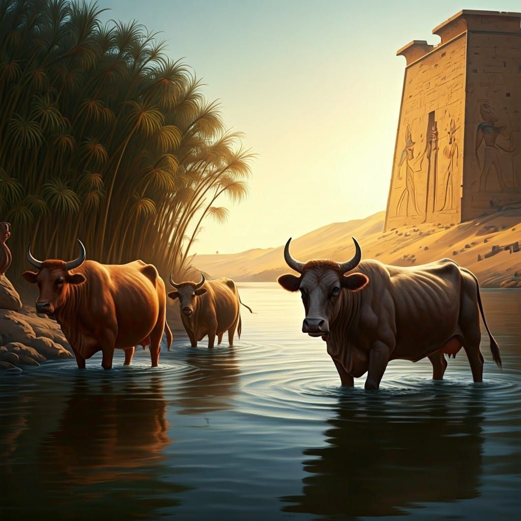 Ancient Egyptian Cows Emerge from the Nile River in Contrast...