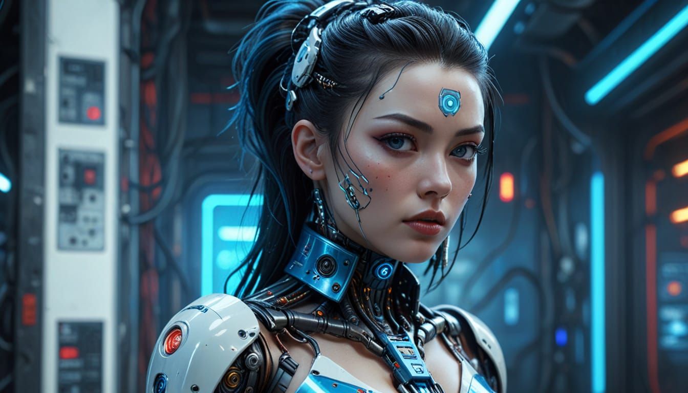 Cyberpunk Android Pin-Up with Glowing Eyes