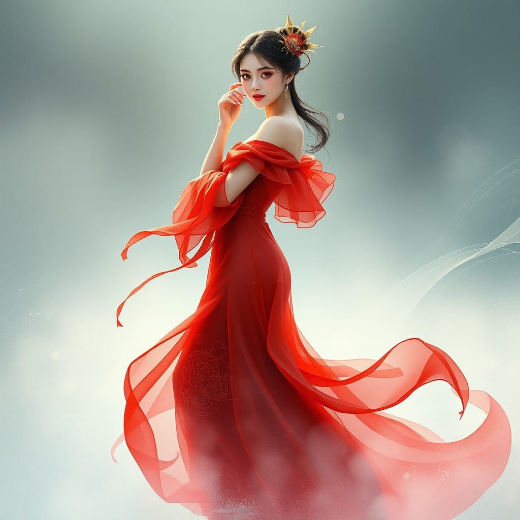 Sensual Red Goddess in Watercolor Anime Style