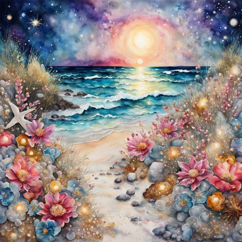 Sparkling Beach Scene in Watercolor Style