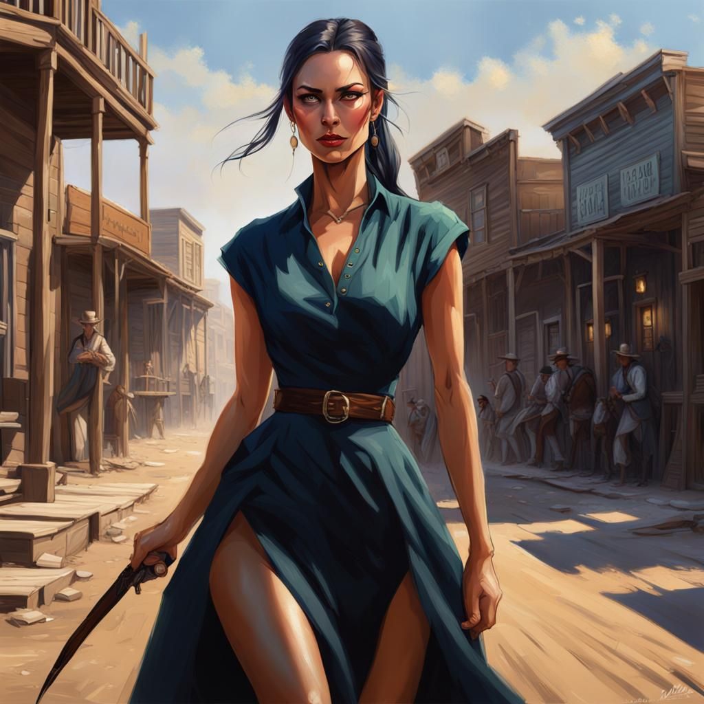 Woman in Blue Dress in Wild West Street
