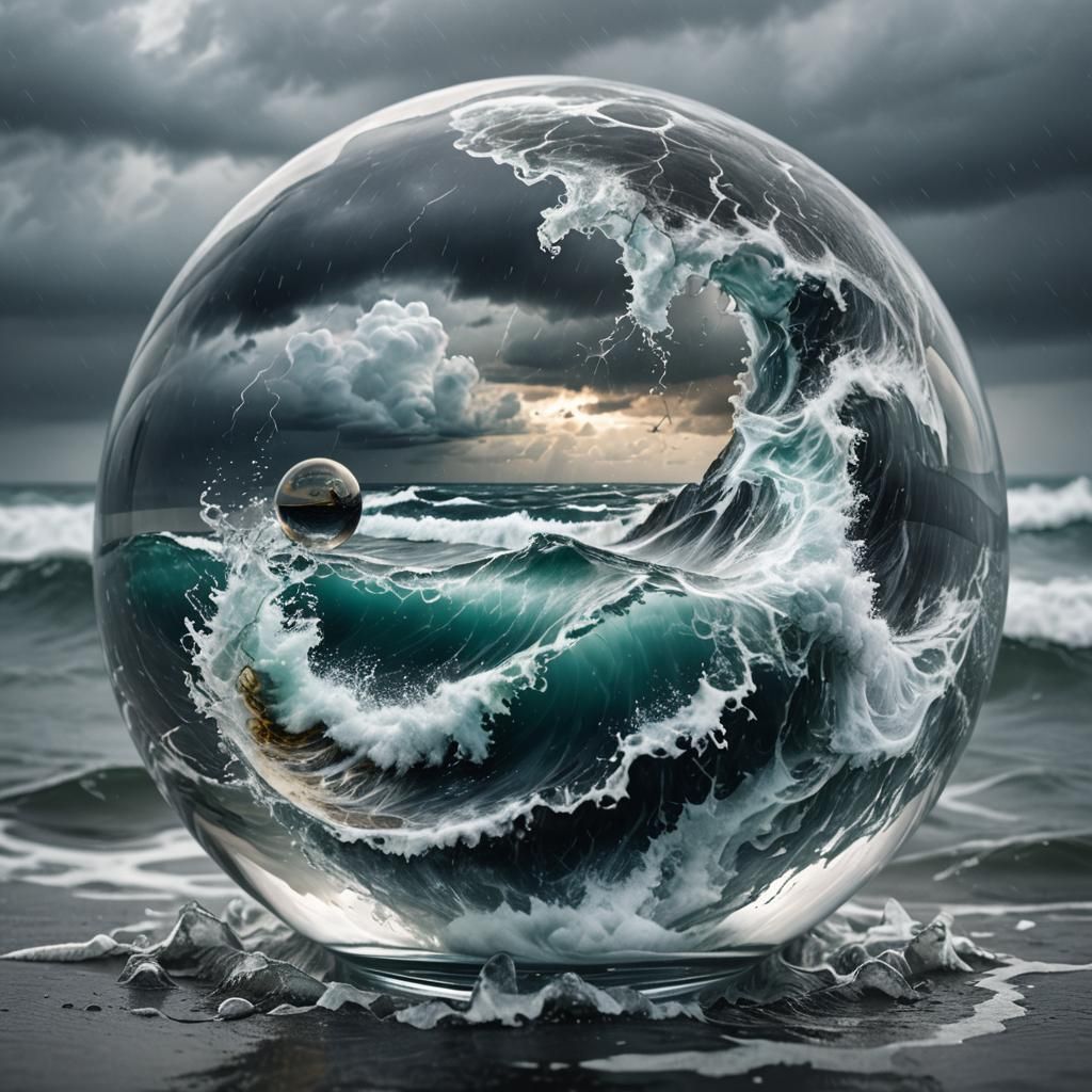 Stormy Sea Reflected in Glass Sphere