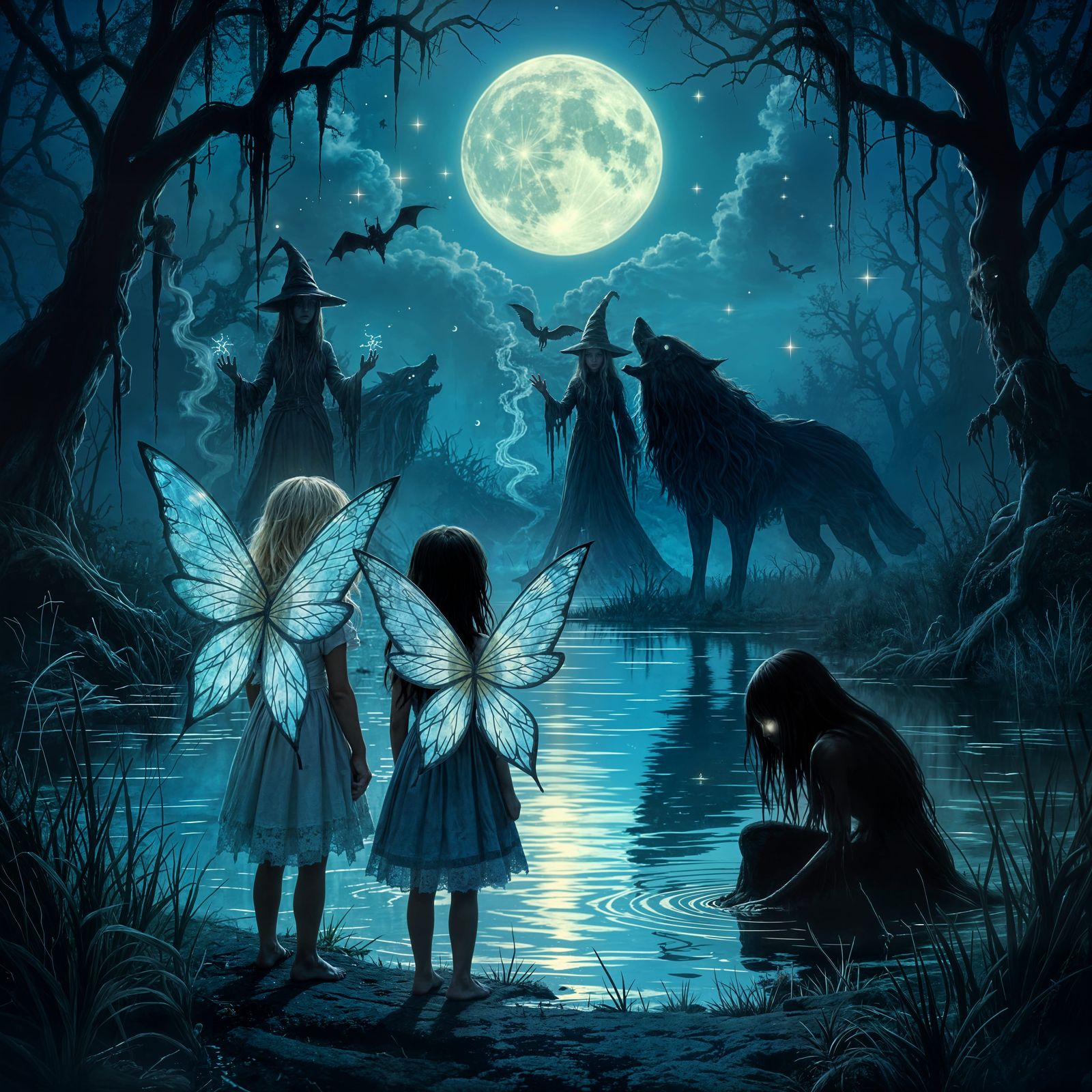 Fairy Girls Confront Wolves at Moonlit Swamp Edge