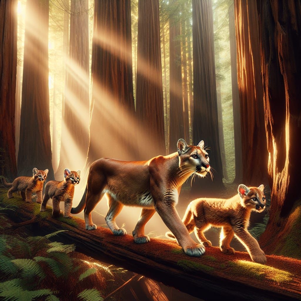 Mountain Lion Family in Majestic Redwood Forest