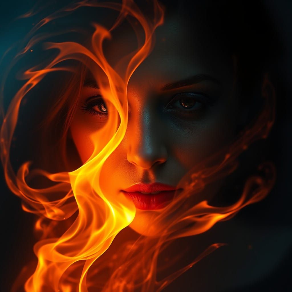 Ethereal Flames Illuminating a Mysterious Woman's Face in a...
