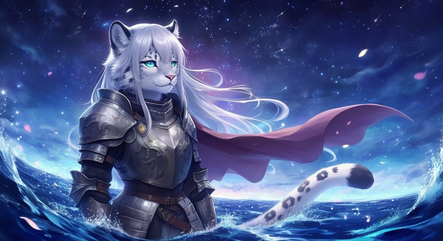Dreamlike Anime Snow Leopard Knight in Soft Watercolours