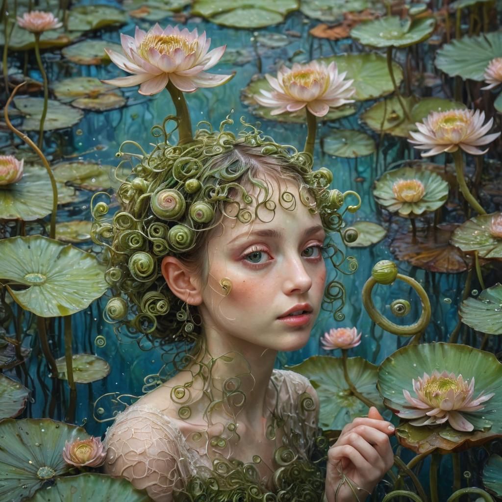 Fairy on Water Lilies: Surrealist Oil Painting