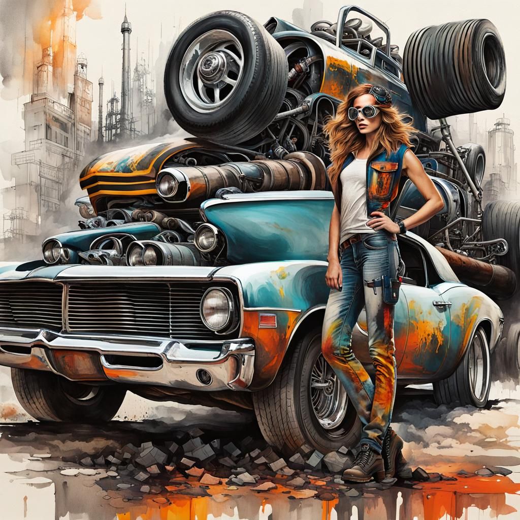 Woman Mechanic with Hot Rod, Splash Art Style