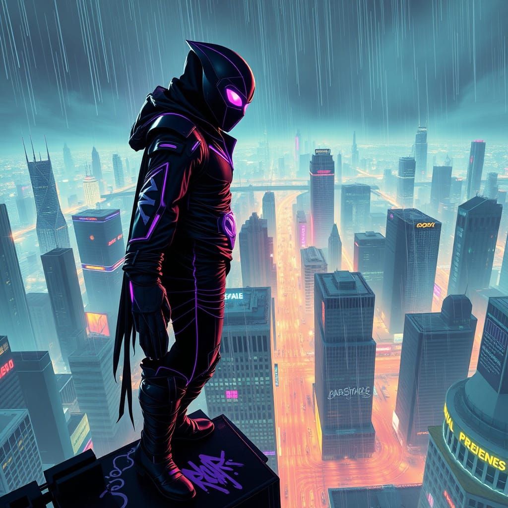 Cyberpunk Vigilante in Neon-Lit Urban Utopia