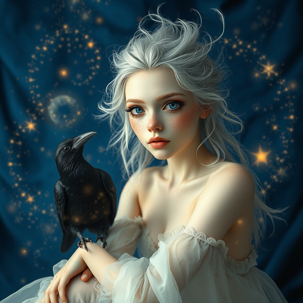 Ethereal Pale-Skinned Character with Crow, Mystical Realism
