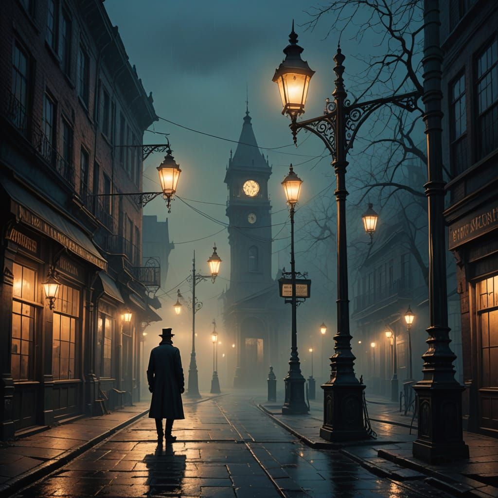 Steampunk Man Stands Alone in Foggy London Night
